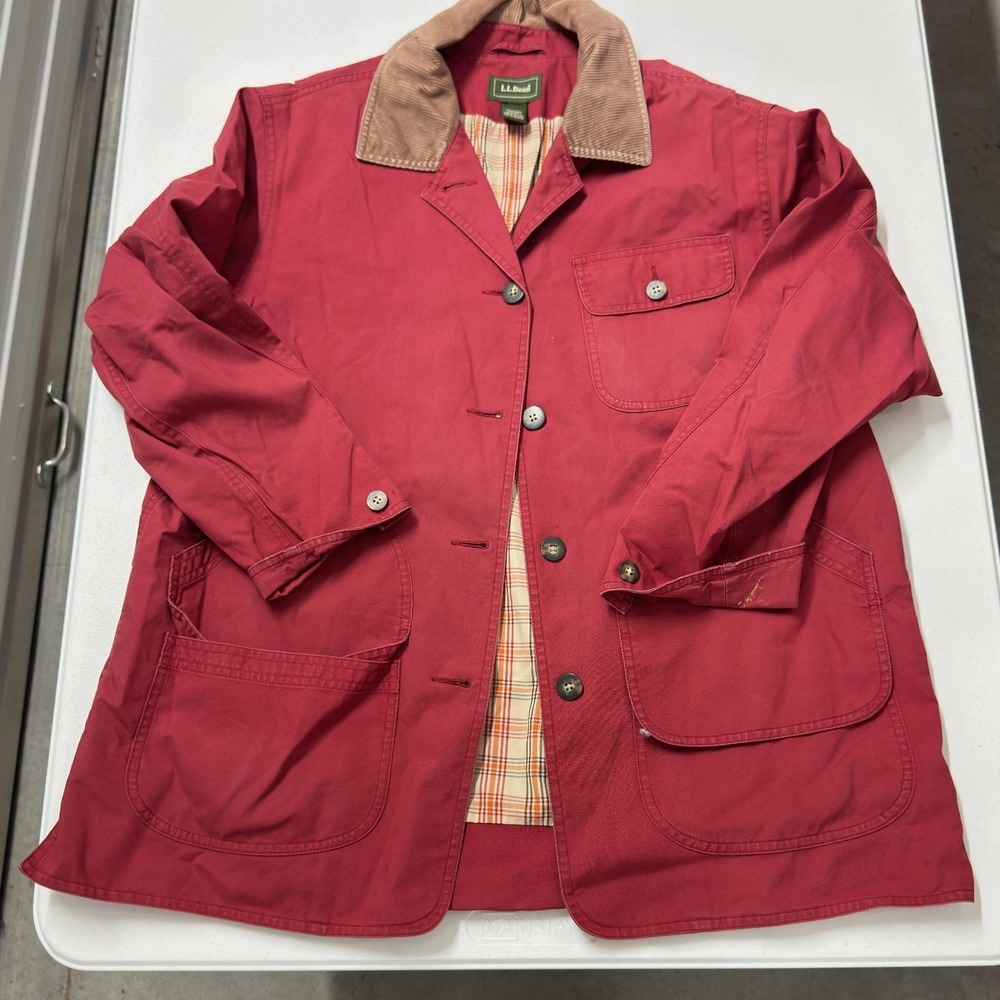 L.L. Bean Field Coat womans XL Red Good Corduroy Collar Plaid Lined Utility